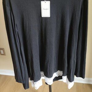 Sanifer Long Sleeve Black Tunic with White Lace Trim Size XL/16/18 NWT